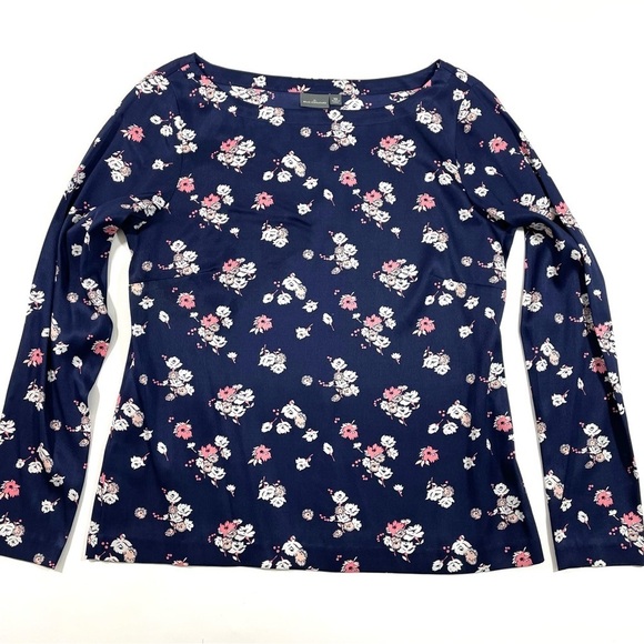 LL Bean Signature Floral Silk Blouse Blue Size 10 Boatneck - Picture 2 of 6
